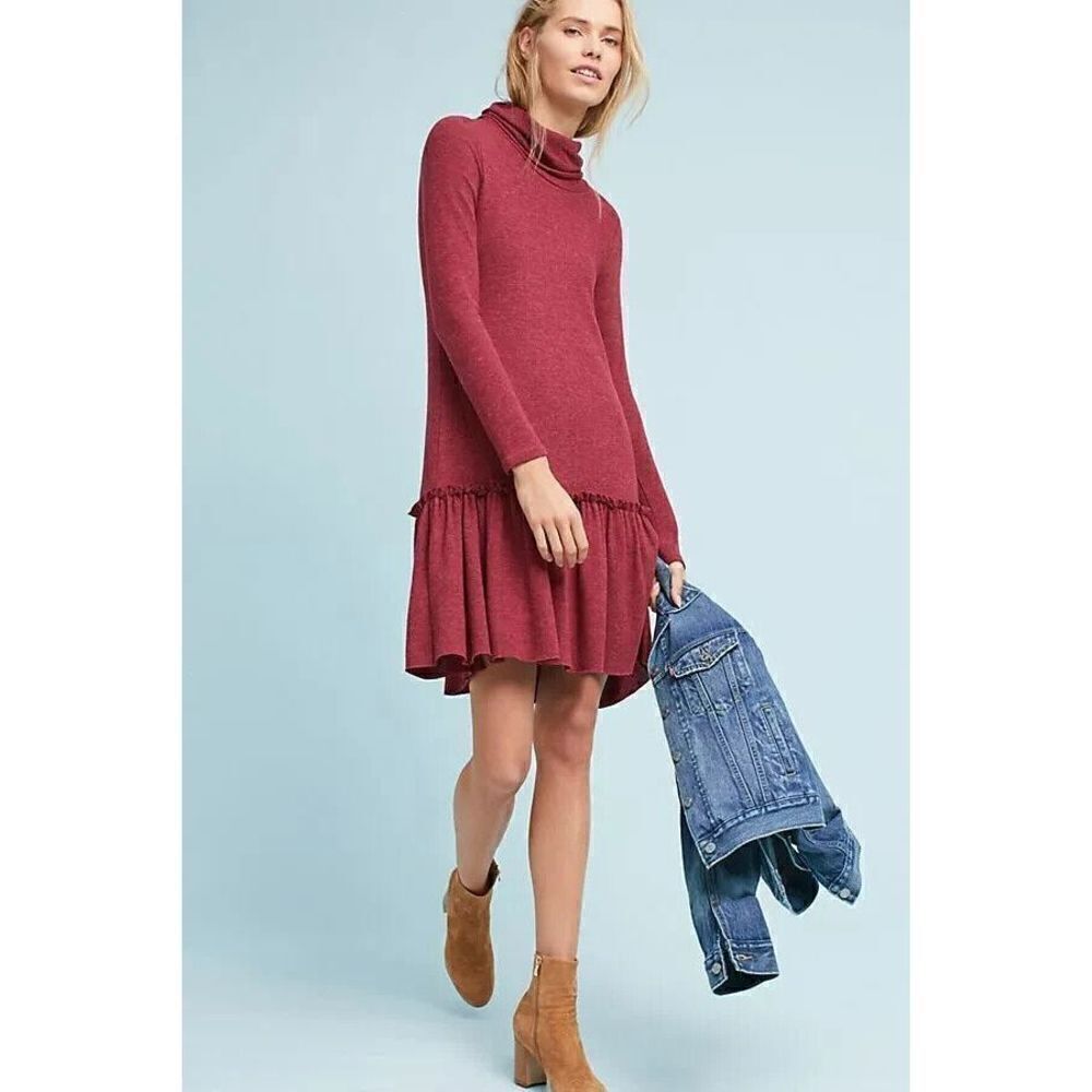 Anthropologie Sunday in Brooklyn Sweater Dress Women's Large Wine ruffle hem NWT